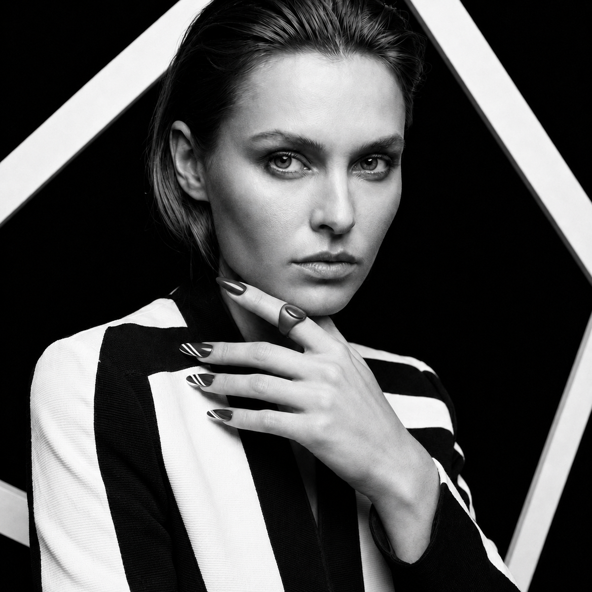 Fault Line Signet Ring worn in a monochrome editorial portrait