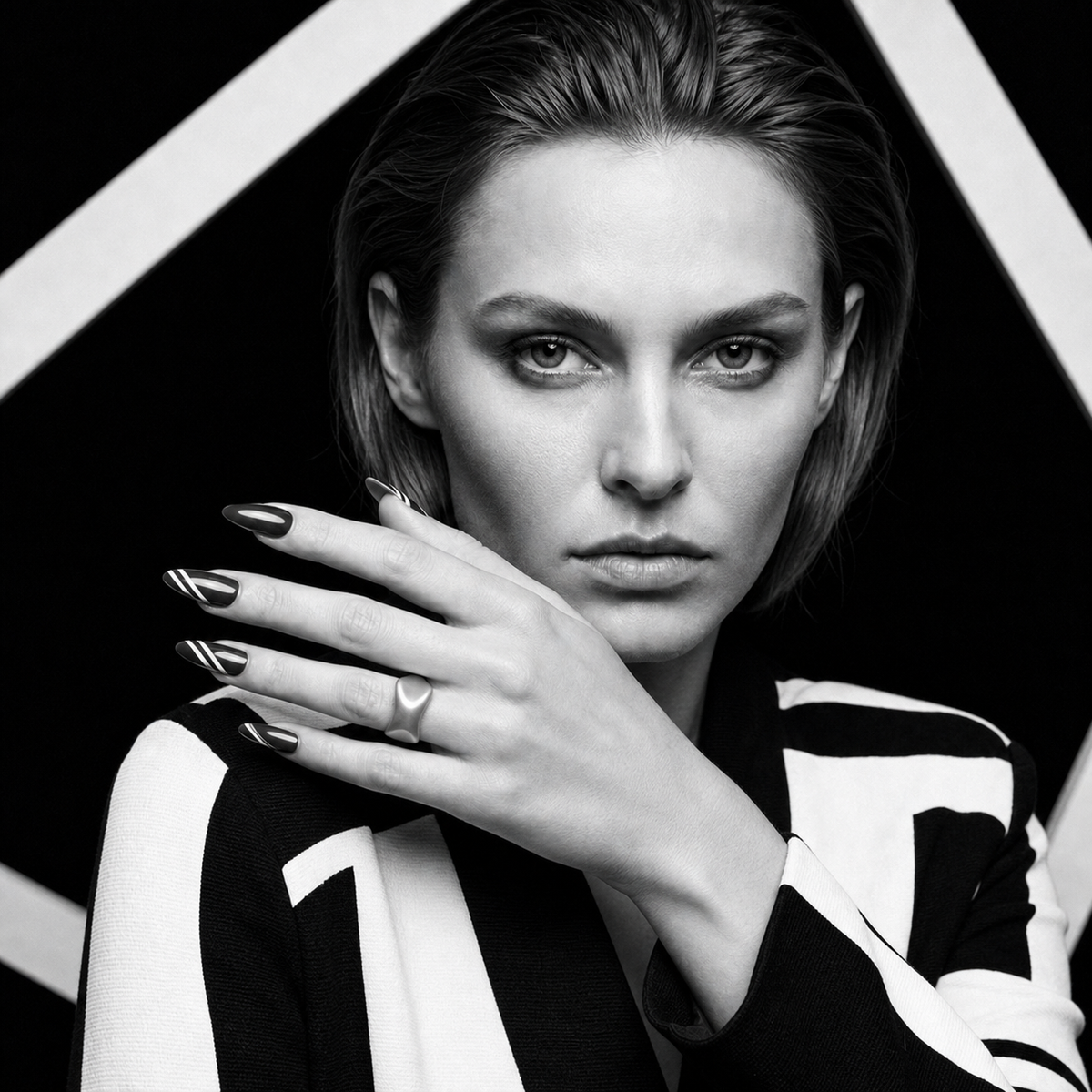 Compression Arc Ring worn in a monochrome editorial portrait